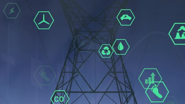 Animation of multiple digital icons over network tower against sunset sky