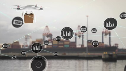 Animation of network of digital icons against drone carrying a delivery box at a port - Powered by Adobe