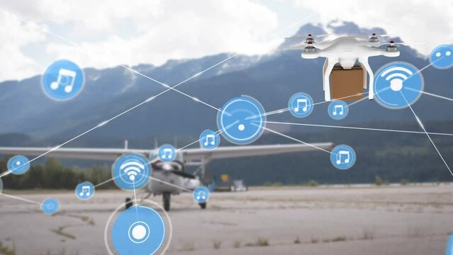 Animation of network of digital icons against drone carrying a delivery box at an airport