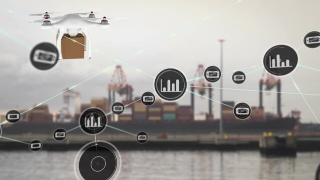 Animation of network of digital icons against drone carrying a delivery box at a port