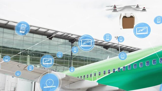 Animation of network of digital icons against drone carrying a delivery box at an airport