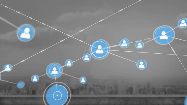 Animation of network of profile icons against aerial view of cityscape