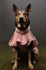 vertical photo of a German Shepherd dog in a pink dress