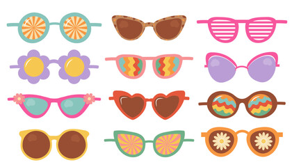 Groovy hippie sunglasses set. Cute retro psychedelic glasses 60s, 70s, 80s. Fashion aesthetic collection.