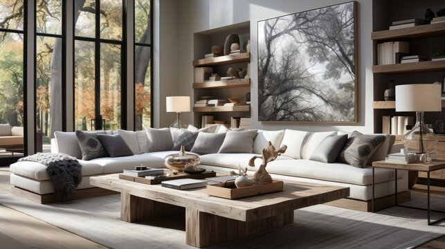 home interior design of  Elegant Living Room with Mixed Lighting and Geometric Patterns - Intellectual Conversation Space with Open Arrangement
