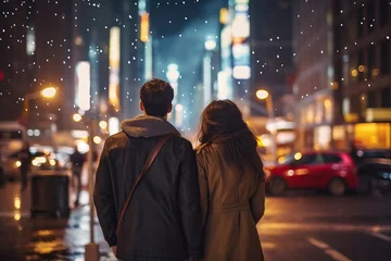 Foto op Canvas rearview multiethnic couple travelers exploring city at night © A Denny Syahputra