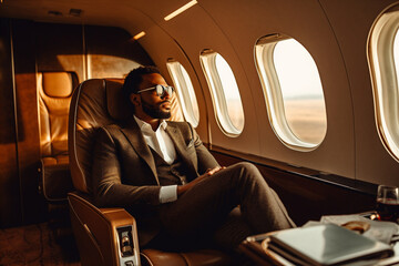 Afro American businessman sitting in the chair of private jet. Generative AI