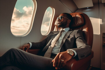 Afro American businessman sitting in the chair of private jet. Generative AI