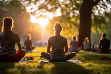 group of people doing yoga_in a park.  