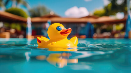 Close-up shot of a rubber duck toy in a swimming pool