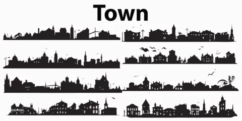 Fotobehang Set of silhouette Black Town vector illustration © Nasrin