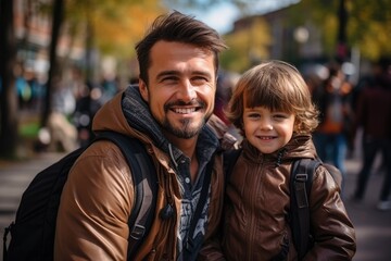 Obraz premium Father taking son to kindergarten and taking picture together. Outdoor portrait of dad and little boy with backpacks.