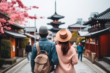 rearview multiethnic couple travelling in Japan. Happy young travelers exploring in Kyoto