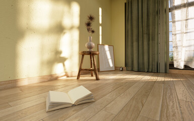interior empty room apartment  vintage style wooden floors and yellow walls decorated and poster frame vase on chair 3D rendering.