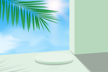 3D green cylinder podium pedestal realistic with sky, sun clouds background, wall and palm, coconut leaf. Minimal scene for product mockup. Stage for showcase. Abstract 3D vector geometric platform.