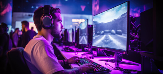 World region gaming expo, gaming industry event or gaming competition amusement, with many live-action players hand-edited generative AI. 