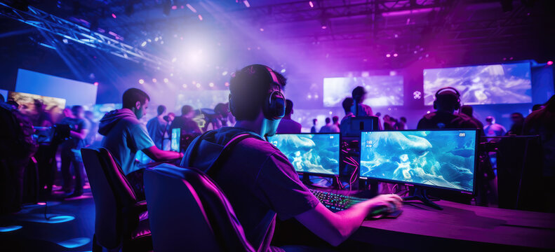 World region gaming expo, gaming industry event or gaming competition amusement, with many live-action players hand-edited generative AI. 