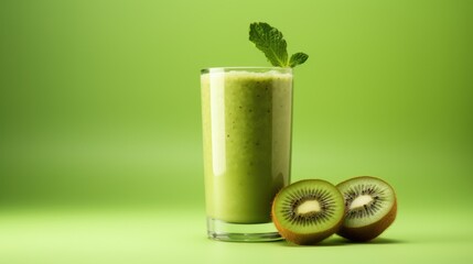 A very tasty kiwi smoothie in a glass, fruits, green background, food photography