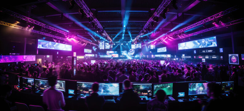 World region gaming expo, gaming industry event or gaming competition amusement, with many live-action players hand-edited generative AI. 