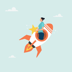 Businesswoman riding fast rocket to catch golden star. Innovation to help or support work success, entrepreneurship or winning business challenge, work opportunity or business accomplishment concept.
