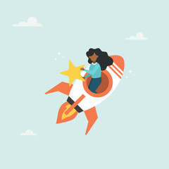 Businesswoman riding fast rocket to catch golden star. Innovation to help or support work success, entrepreneurship or winning business challenge, work opportunity or business accomplishment concept.
