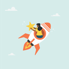 Businesswoman riding fast rocket to catch golden star. Innovation to help or support work success, entrepreneurship or winning business challenge, work opportunity or business accomplishment concept.
