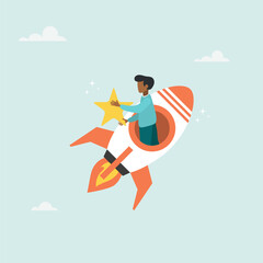 Fototapeta premium Businessman riding fast rocket to catch golden star. Innovation to help or support work success, entrepreneurship or winning business challenge, work opportunity or business accomplishment concept. 