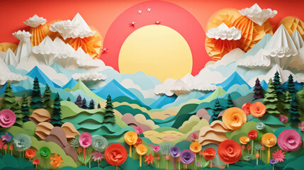 Fototapeta na wymiar Paper Art Layered of colorful natural landscape view with sun mountain and sky