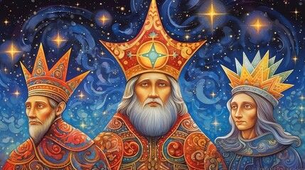 The Three Magi King of Orient, Epiphany Celebration, The Three Wise Men Illustration, Melchior, Caspar and Balthasar, Generative, AI