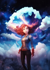 illustrazione con giovane ragazza dai capelli rossi dotata di super poteri, sfondo con nubi e lampi, fumetto