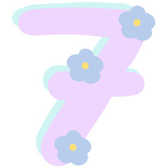 Purple number 7 with flowers isolated on transparent background