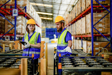 checking and inspecting metal machine part items for shipping. male and woman worker checking the store factory. industry factory warehouse. The warehouse of spare part for machinery and vehicles. - obrazy, fototapety, plakaty