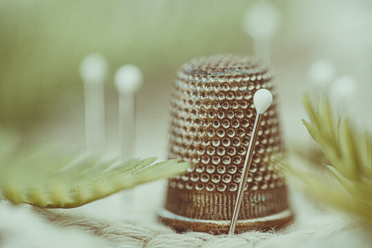Close-up of a thimble and needles