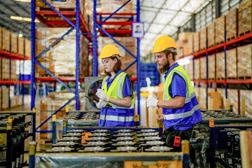 Obraz na płótnie Canvas checking and inspecting metal machine part items for shipping. male and woman worker checking the store factory. industry factory warehouse. The warehouse of spare part for machinery and vehicles.
