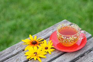 A cup of tea on the green grass background