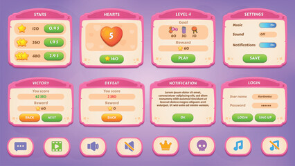GUI Kit casual assets for a game mobile, a set of user interface elements and pop-ups for the game interface. © Inna