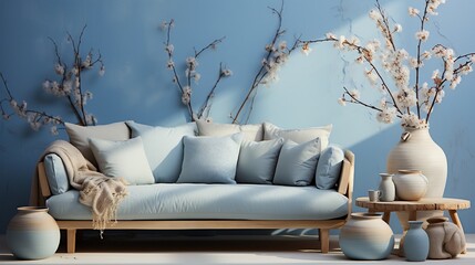 Serene Comfort. A blue pastel sofa takes center stage, exuding tranquility and style in this inviting interior