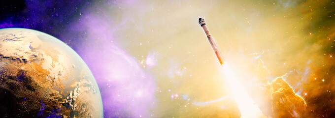 Dark space shuttle launch in the clouds with stars on background.Spaceship flight. Elements of this...