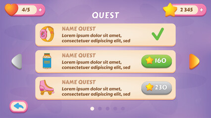 Quest. GUI Kit casual assets for a game mobile, a set of user interface elements for the game interface. © Inna