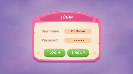 Obraz premium Log-in. GUI Kit casual assets for a game mobile, a set of user interface elements and pop-ups for the game interface.