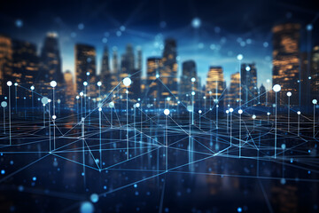 Fototapeta na wymiar Technology data futuristic background. Digital big city building network connection blue light. Internet speed server.