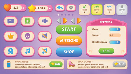 Kit. GUI Kit casual assets for a game mobile, a set of user interface elements and pop-ups for the game interface.