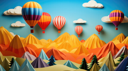 Obraz premium Paper Art of colorful natural landscape view with hot balloon in the air