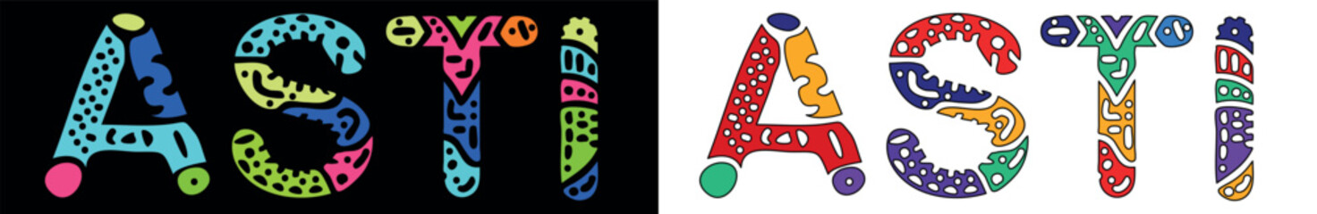 ASTI. Multicolored bright isolate curves doodle letters. Place in Italy ASTI for print, Italian travel booklet, banner, flyer. Stock vector