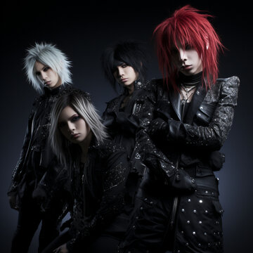 Portrait of a fictitious Visual Kei Band generated by an AI. Visual Kei is a music scene and movement that originated in Japan which is famous for eccentric make-up, hair styles and costumes.