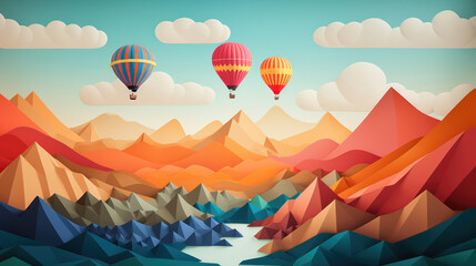 Fototapeta na wymiar Paper Art of colorful natural landscape view with hot balloon in the air
