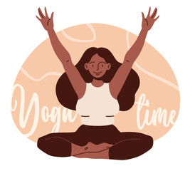 Yoga logo vector, woman sitting in lotus pose. Girls power. Vector illustration for poster, banner, flyer, advertising, promo, commercial.