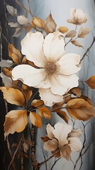 White and golden magnolia flower on textured background. Abstract art painting for wall frames. Elegant light beige and bronze flower wall art. Ai generative.