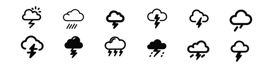 Storm Icon set, Lightning bolt icon. Vector lightning logo electric, set of thunder and lightning. Lightning bolt signs, weather web icons in line style. Weather, clouds, snowflakes, Weather icons.
