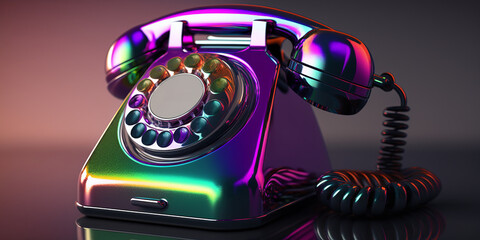 In bunten Farben schillerndes metallisches altes Wahlscheibentelefon - AI generated - obrazy, fototapety, plakaty